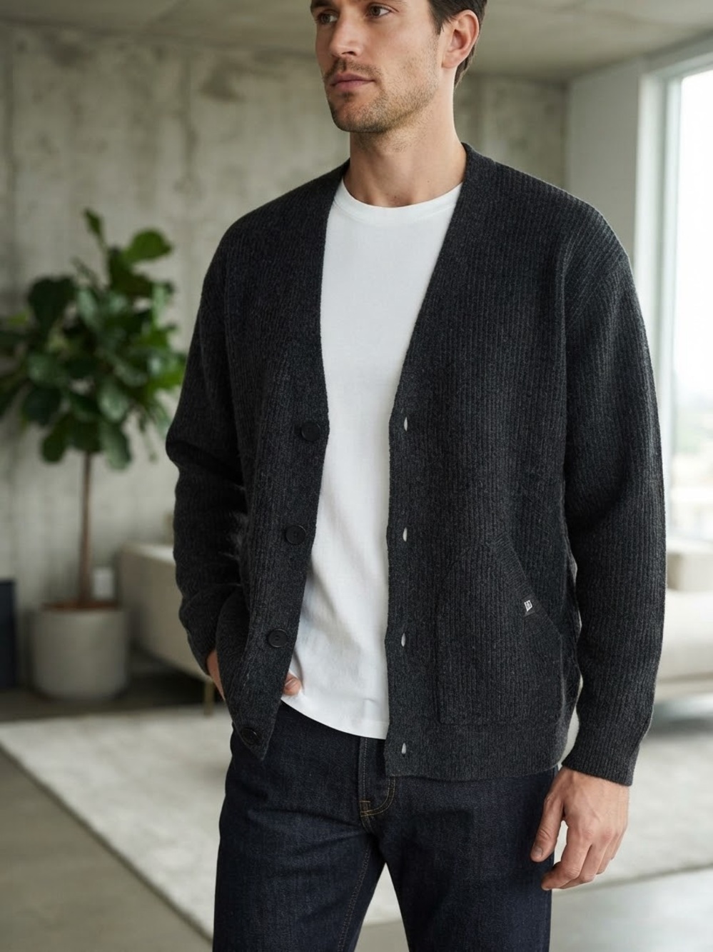 Men's Charcoal Ribbed Button Cardigan Sweater